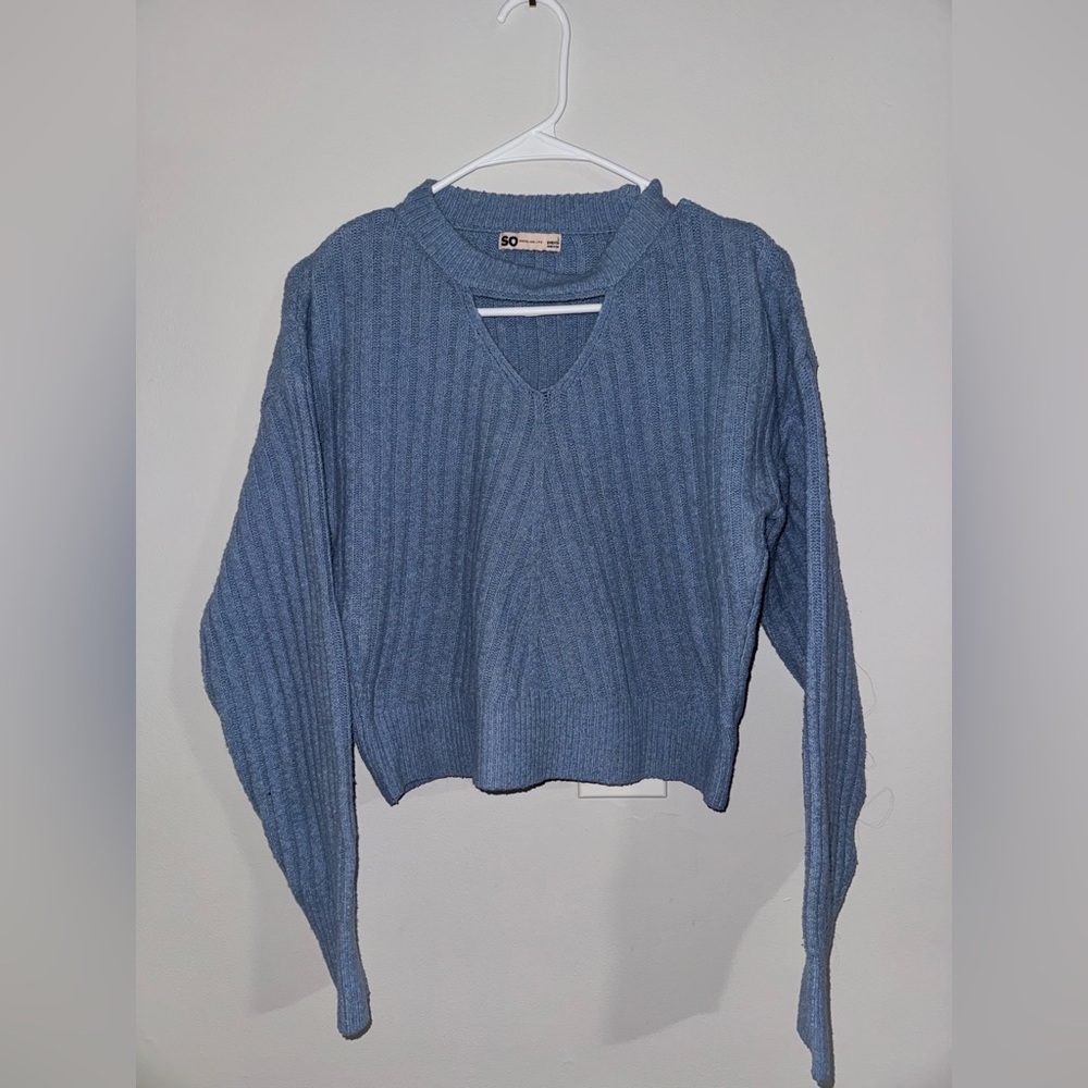 SO Goods For Life Blue Ribbed Sweater Choker Neck V-Cut Out Pullover Size Small